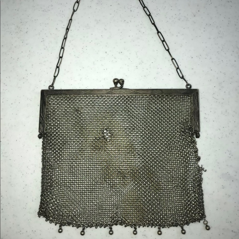 Antique German Silver Mesh Chain Link Mail Purse Clutch Bag Hinged Frame